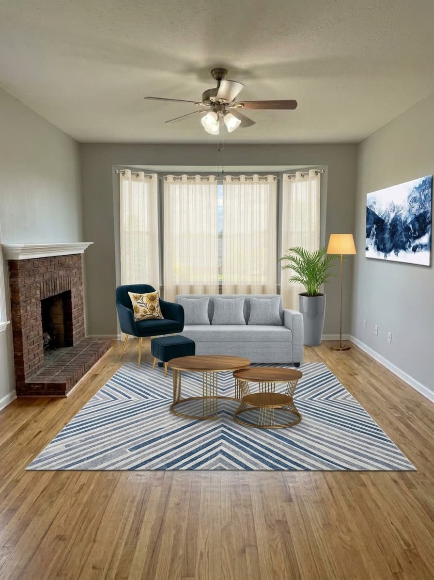 Living room makeover idea with area rug, comfortable sofa and coffee table