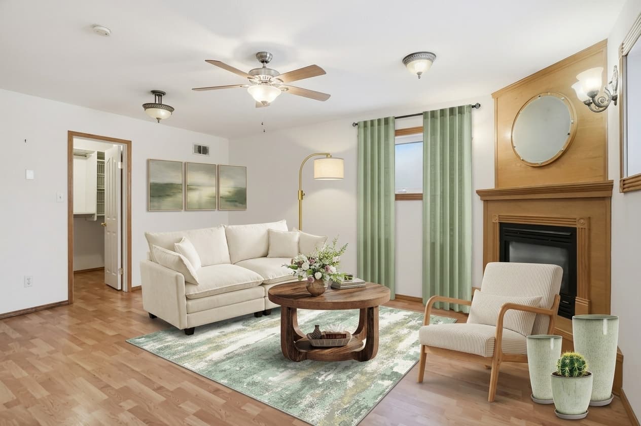 Living room makeover idea with comfortable sofa, area rug and coffee table