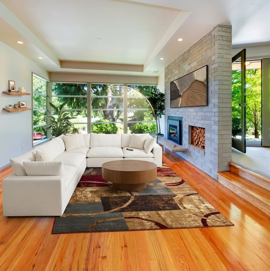 Living room makeover idea with modern sectional sofa, large area rug and minimalist coffee table