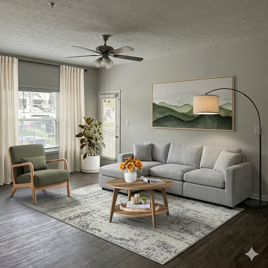 Living room makeover idea with sectional sofa, area rug and coffee table