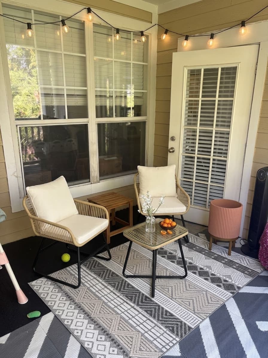 Patio makeover idea with outdoor bistro set, outdoor string lights and decorative planter