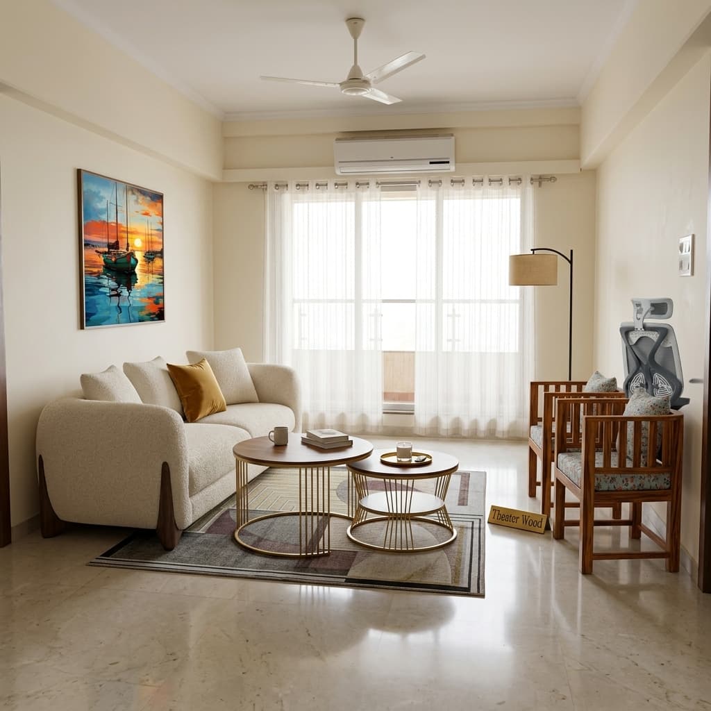 Living room makeover idea with contemporary sofa, modern dining set and stylish coffee table