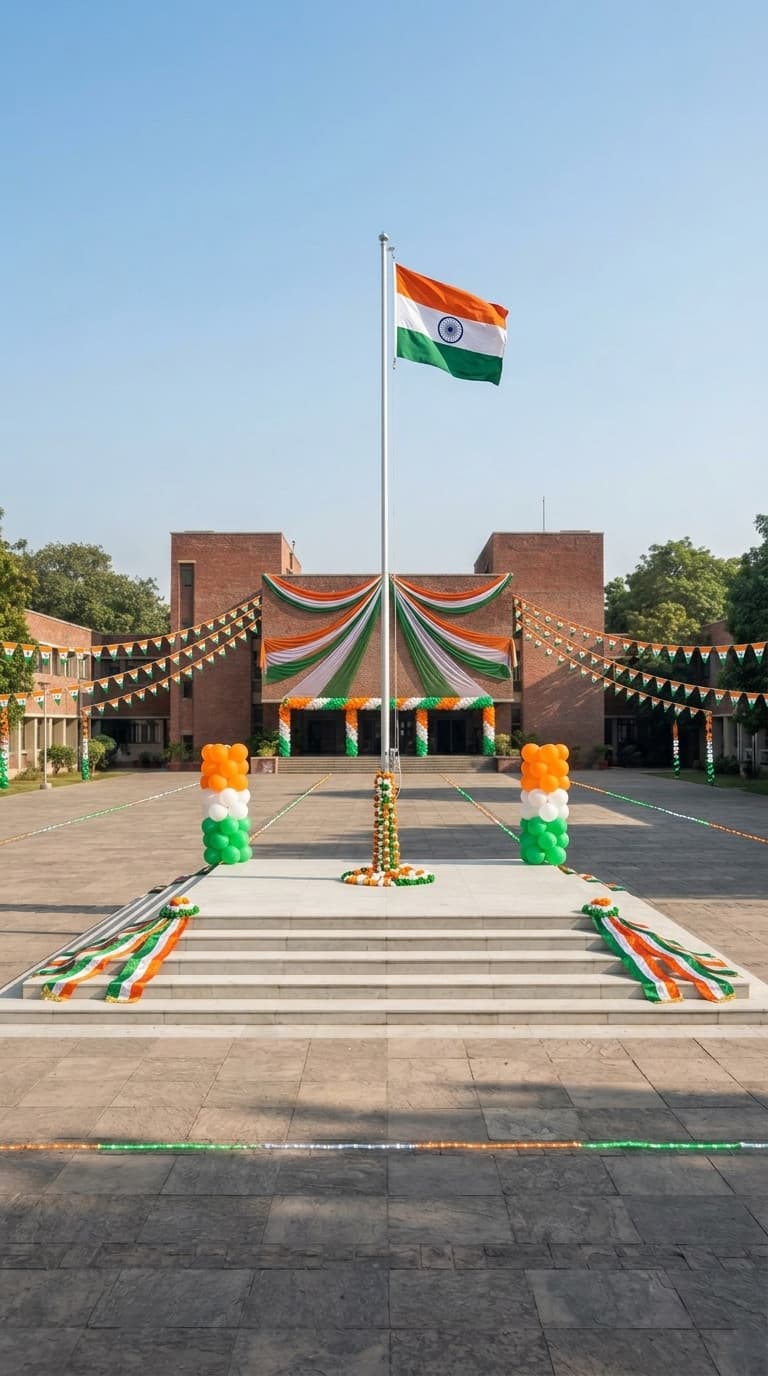 Patriotic Independence Day decoration idea with large indian flag, tricolor fabric drapes and tricolor balloon pillars