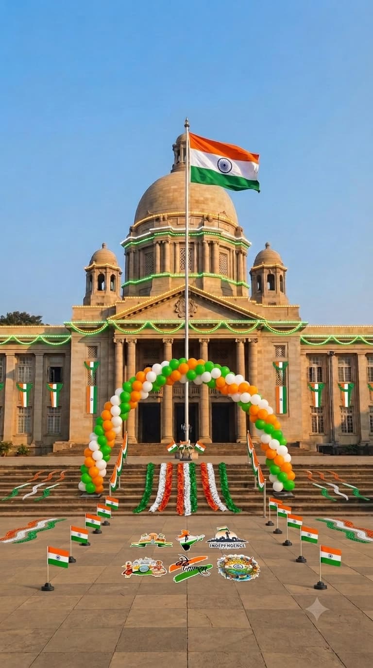 Tricolour Independence Day decoration idea with vertical tricolour banners, tricolour led string lights and tricolour fabric draping for steps