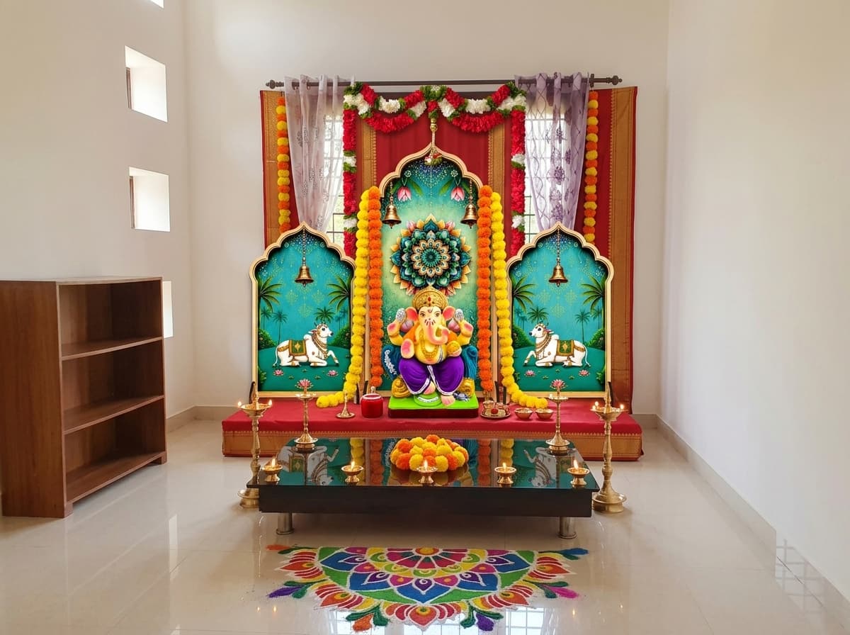 Traditional Ganesh Chaturthi decoration idea with ganesh idol, decorated idol pedestal and fresh marigold garlands