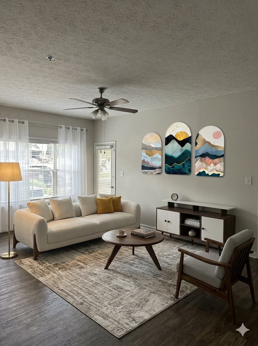 Living room makeover idea with sofa, coffee table and area rug