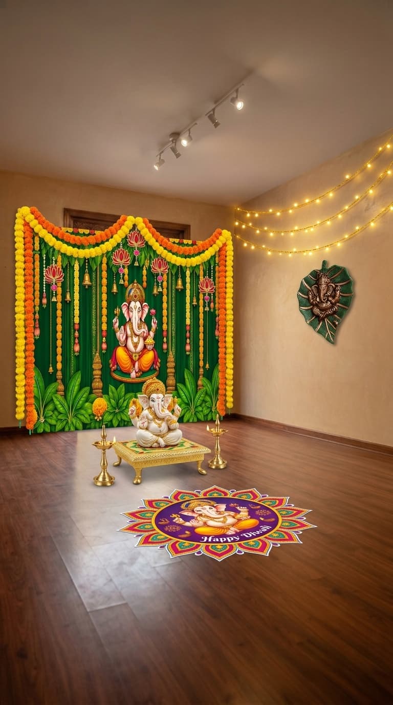 Traditional Ganesh Chaturthi decoration idea with ganesh chaturthi backdrop, ganesh chaturthi marigold garlands and ganesh idol pedestal