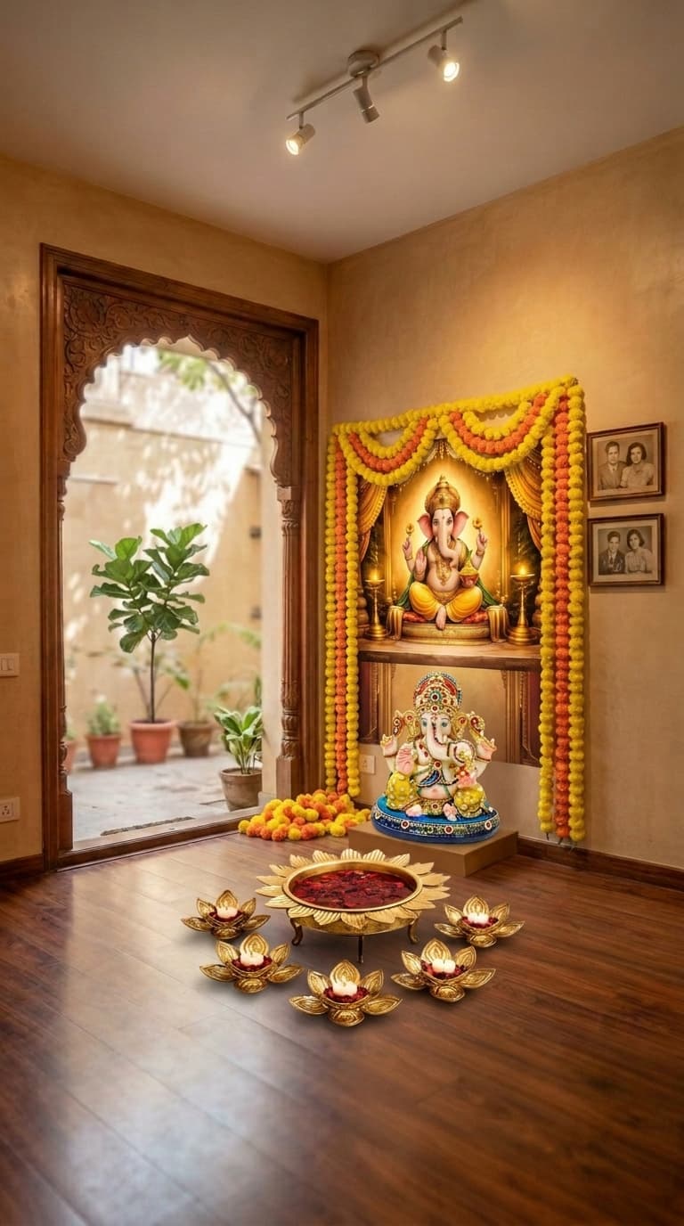 Royal Ganesh Chaturthi decoration idea with ganesh chaturthi backdrop, artificial marigold garland and ganesh statue/idol