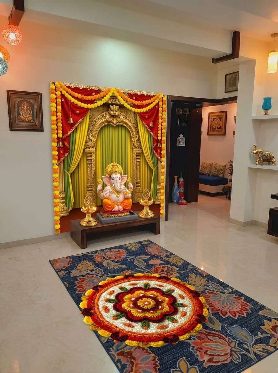 Royal Ganesh Chaturthi decoration idea with ganesh chaturthi backdrop, ganesh idol and artificial marigold garlands