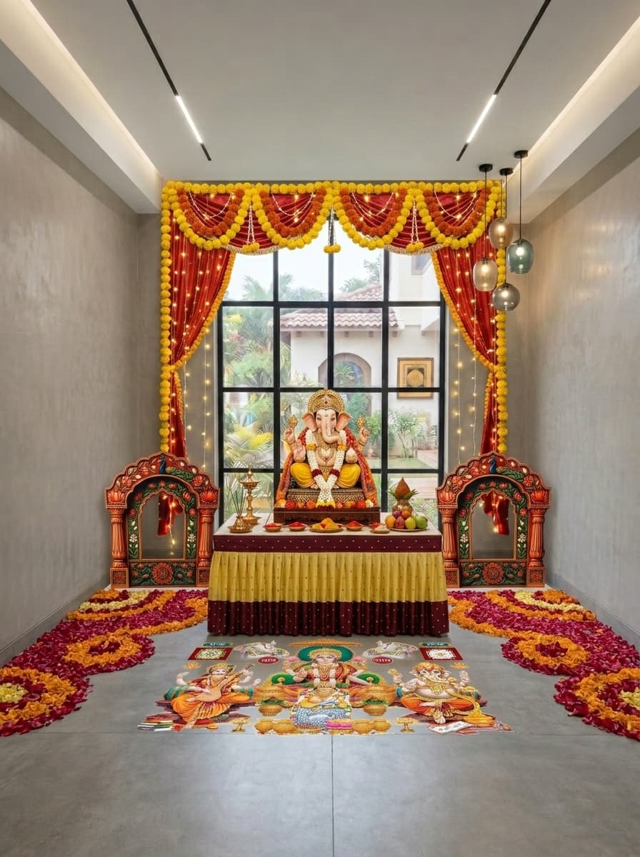 Floral marigold Ganesh Chaturthi decoration