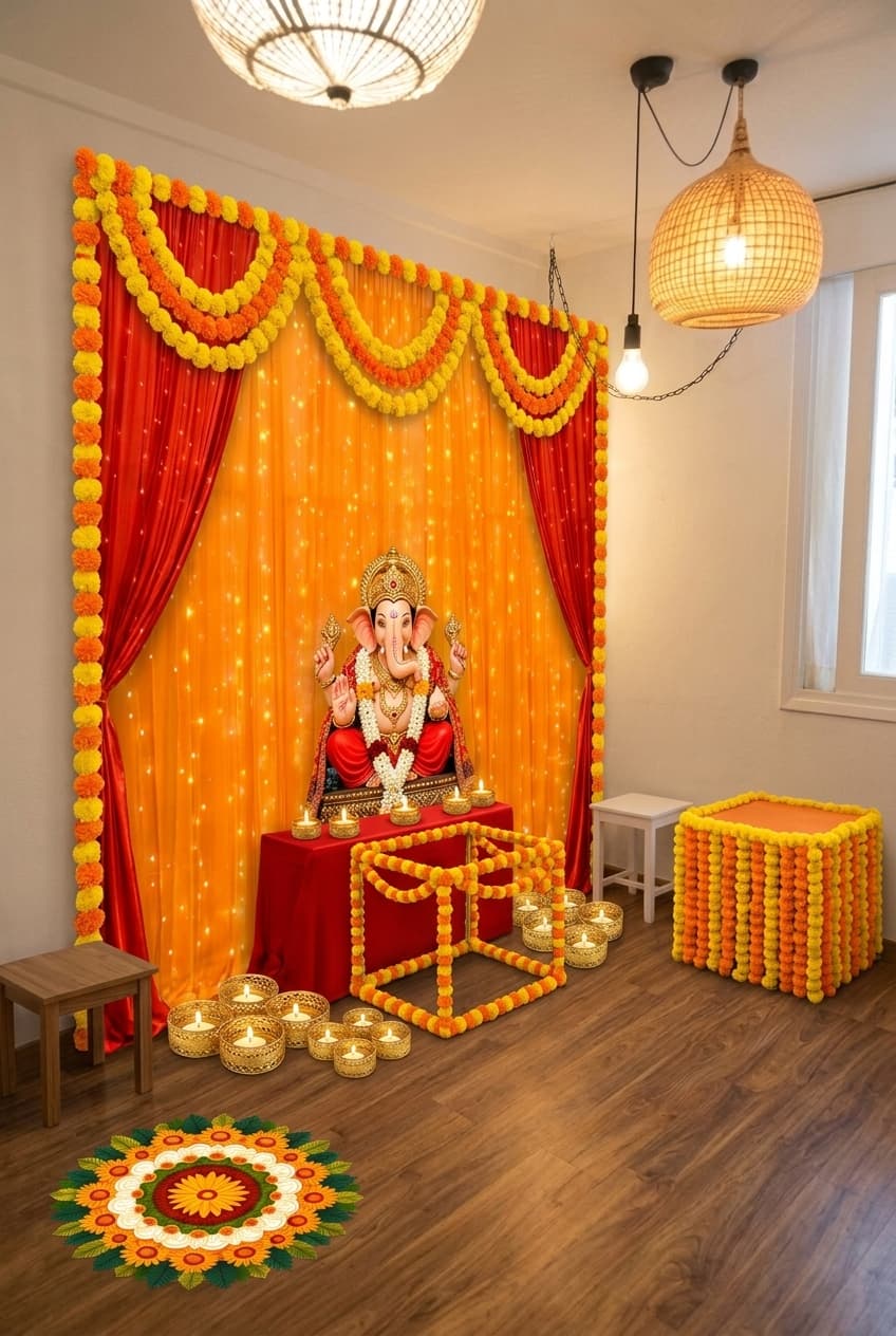 Floral marigold Ganesh Chaturthi decoration