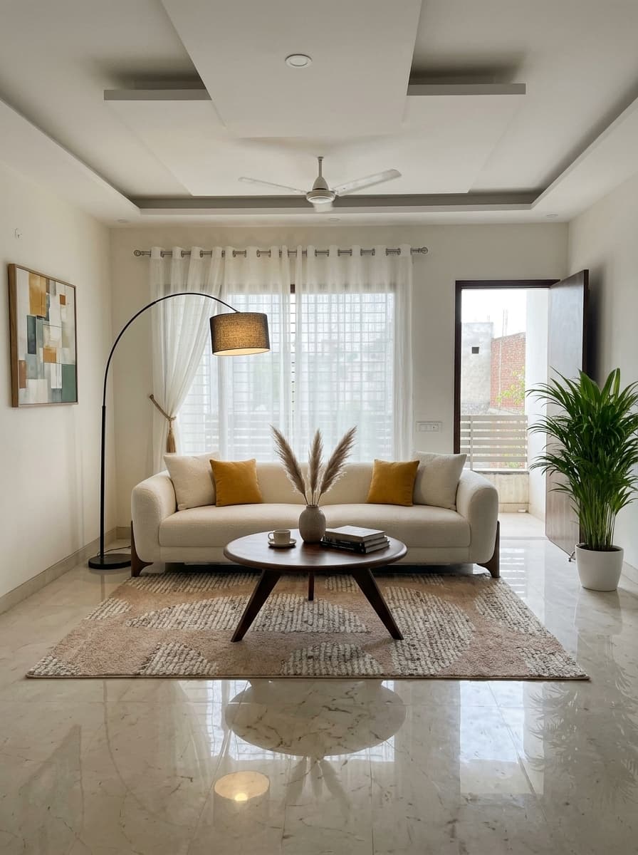 Living room makeover idea with sofa, coffee table and area rug