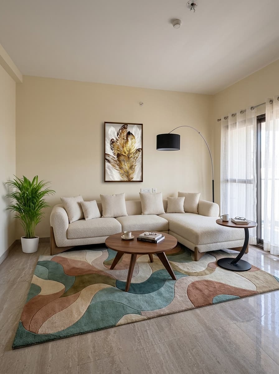 Living room makeover idea with sofa, coffee table and area rug
