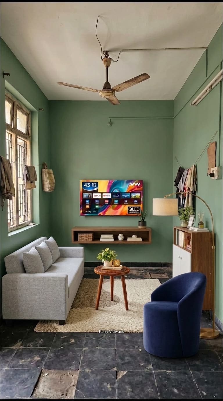 Living room makeover idea with compact sofa, modern tv unit and flat screen tv
