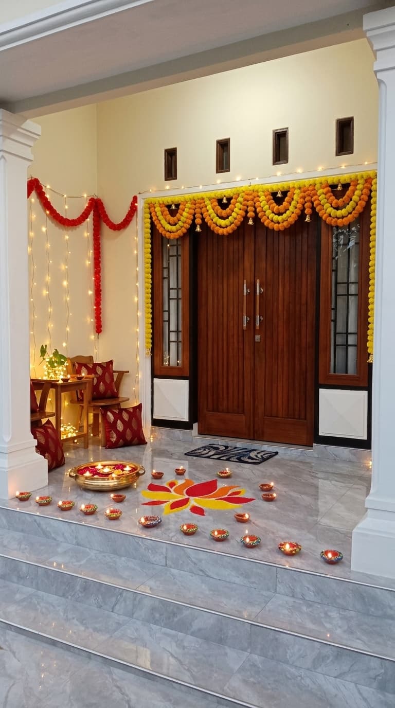 Traditional diya Diwali decoration idea with diwali floor rangoli stencil, diwali decorative clay diyas and diwali traditional toran