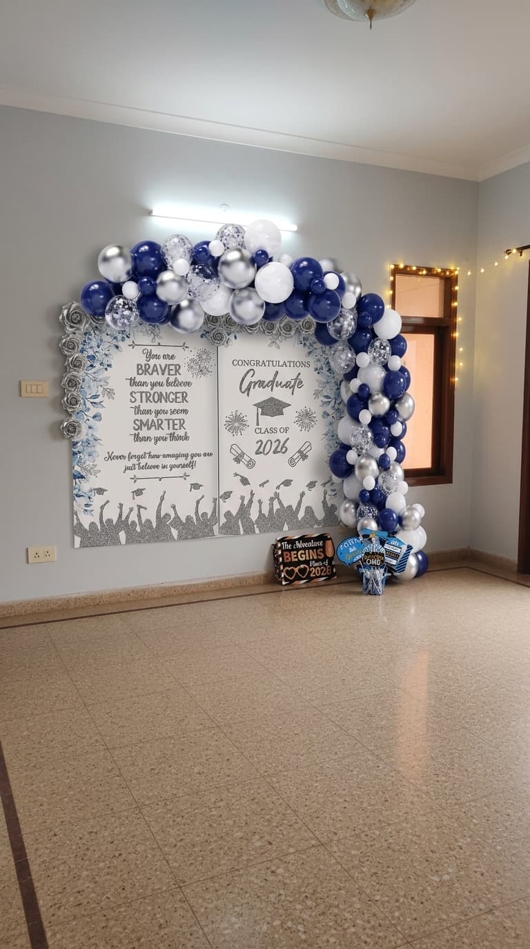 Floral Graduation decoration idea with graduation backdrop, graduation balloon garland kit and artificial flower garland (after)