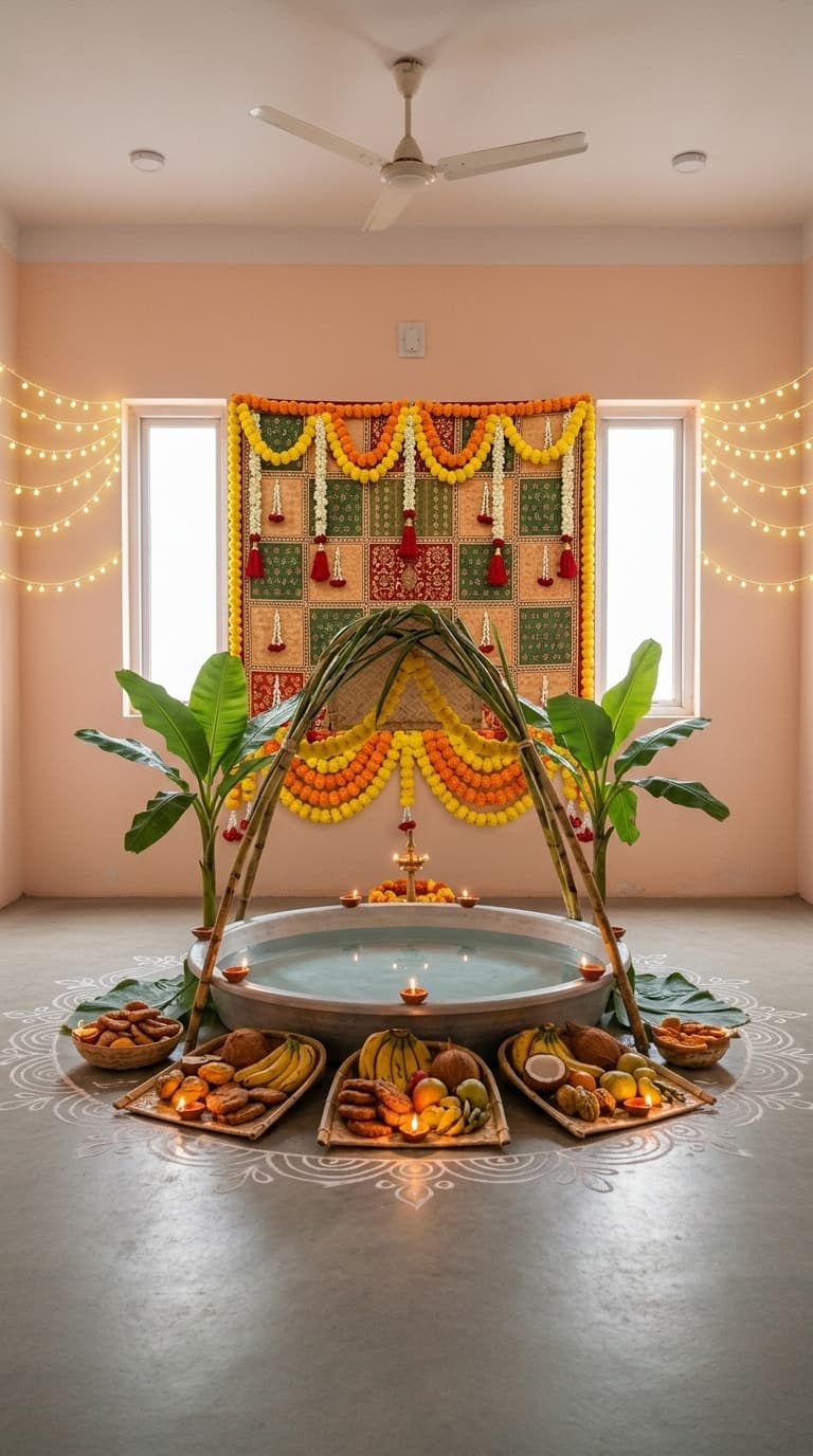 Banana leaf & marigold Chhath Puja decoration