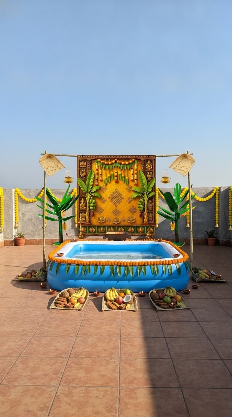 Complete ghat Chhath Puja decoration idea with chhath puja backdrop, chhath puja arghya kund and artificial banana tree (after)