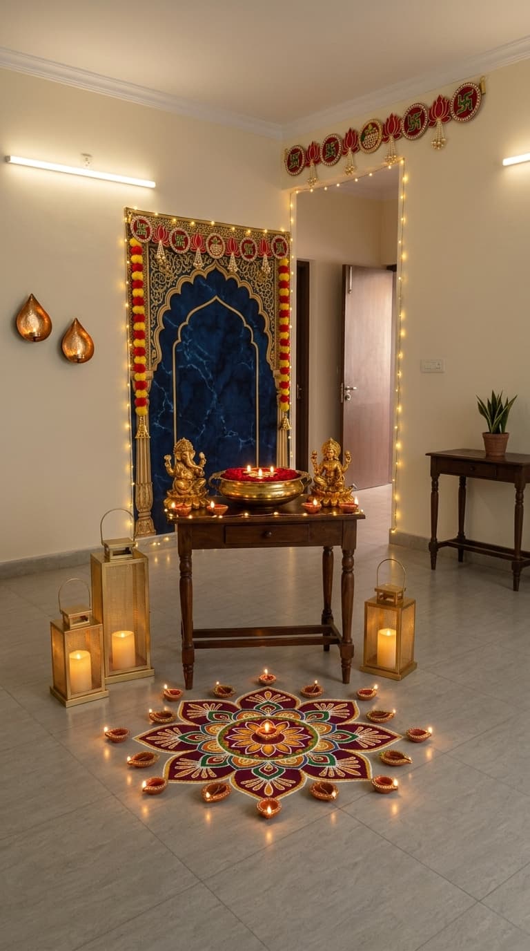 Royal Diwali decoration idea with diwali themed backdrop, diwali toran garland and diwali fairy string lights (after)