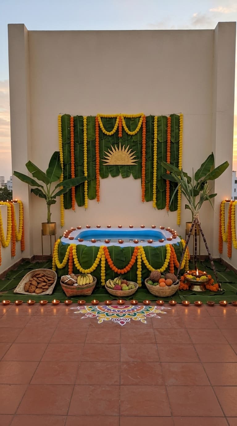 Complete ghat Chhath Puja decoration idea with chhath puja arghya kund, artificial banana plants and artificial banana leaves (after)