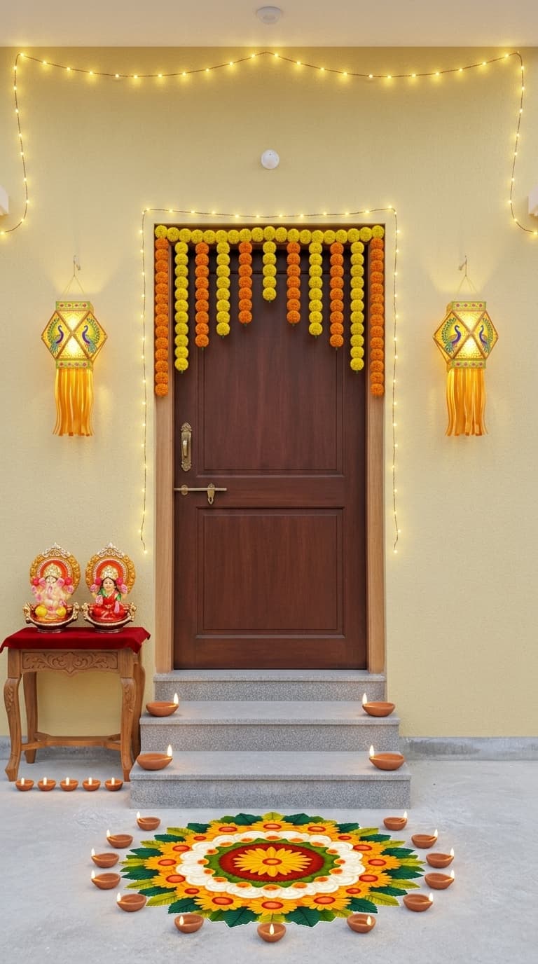 Traditional diya Diwali decoration idea with diwali rangoli sticker, traditional clay diyas and artificial marigold toran (after)