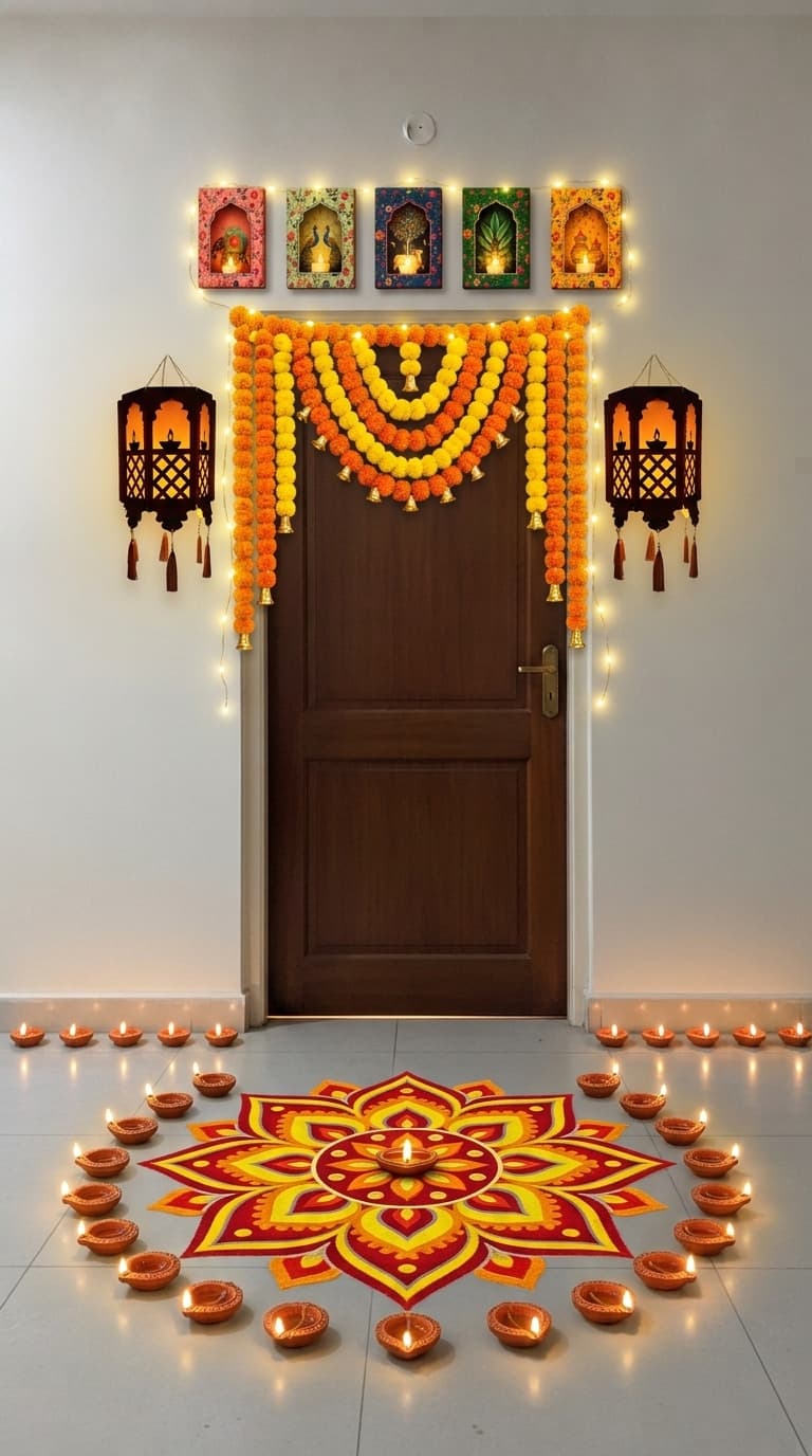 Traditional diya Diwali decoration idea with diwali door toran, diwali wall hanging and diwali fairy lights (after)