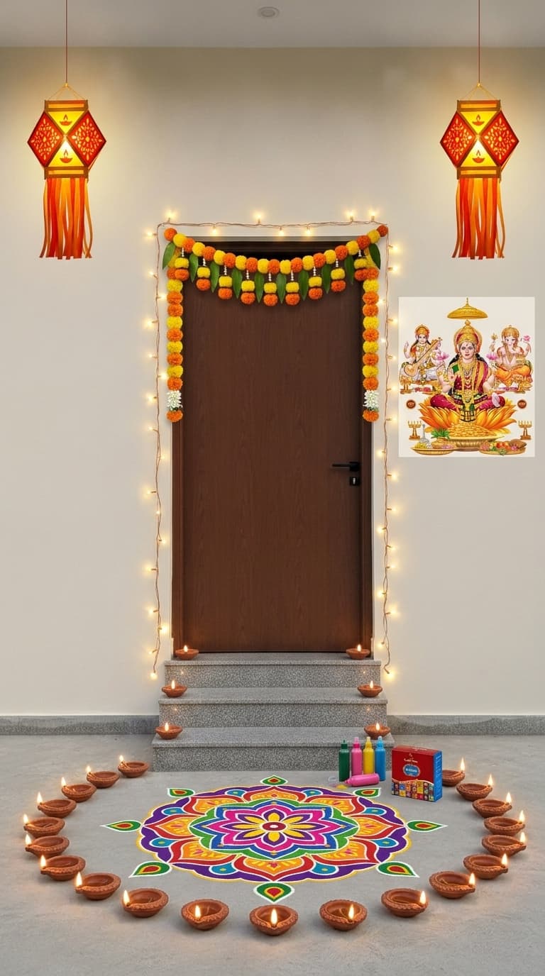 Traditional diya Diwali decoration idea with diwali door toran, diwali rangoli stencil kit and diwali earthen diyas (after)