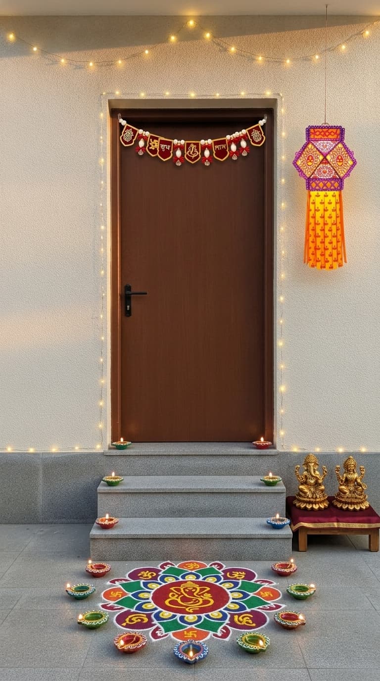 Royal Diwali decoration idea with diwali entrance toran, diwali rangoli floor stencil and diwali clay diyas set (after)
