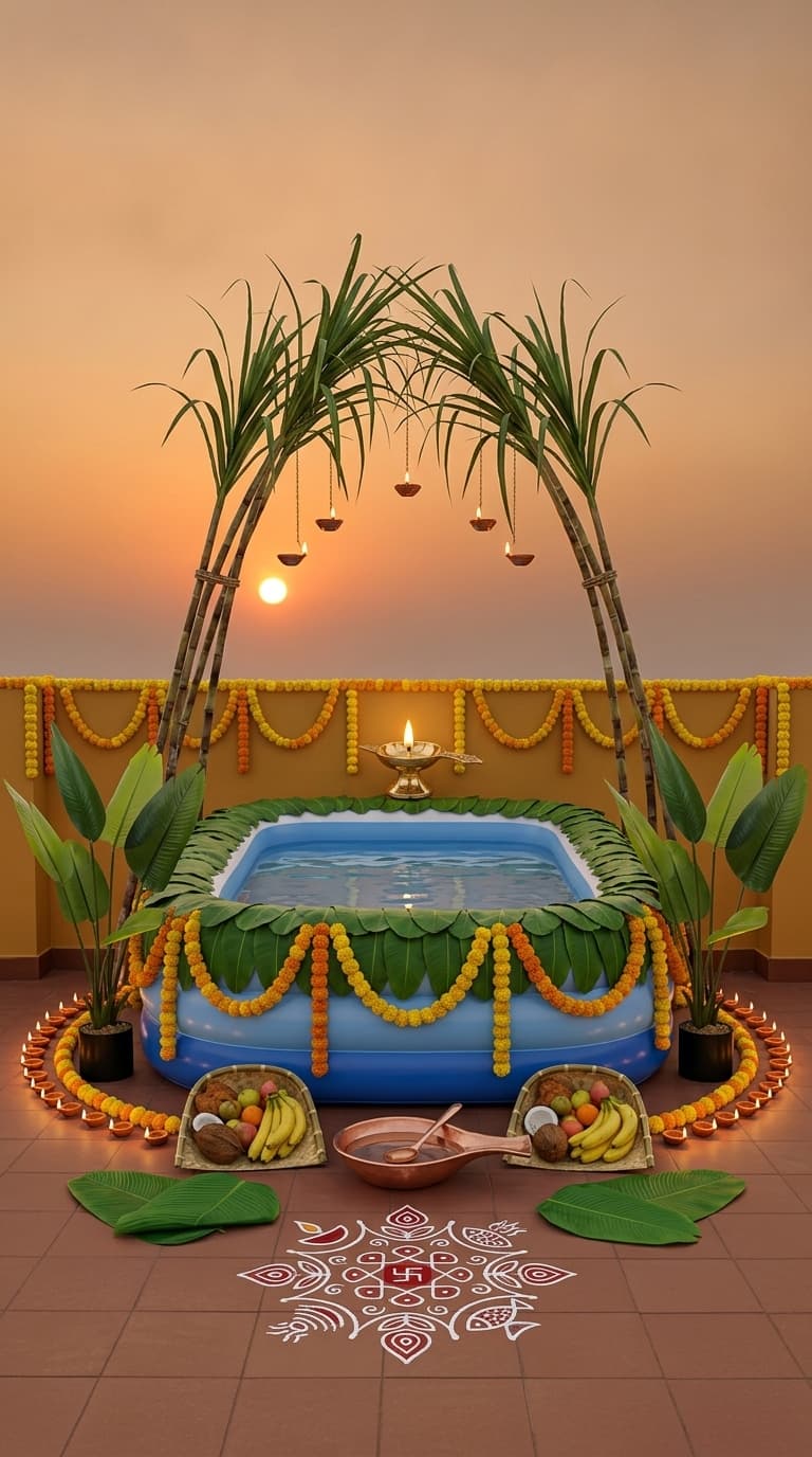Complete ghat Chhath Puja decoration idea with chhath puja arghya kund, artificial banana plants and artificial banana leaves (after)