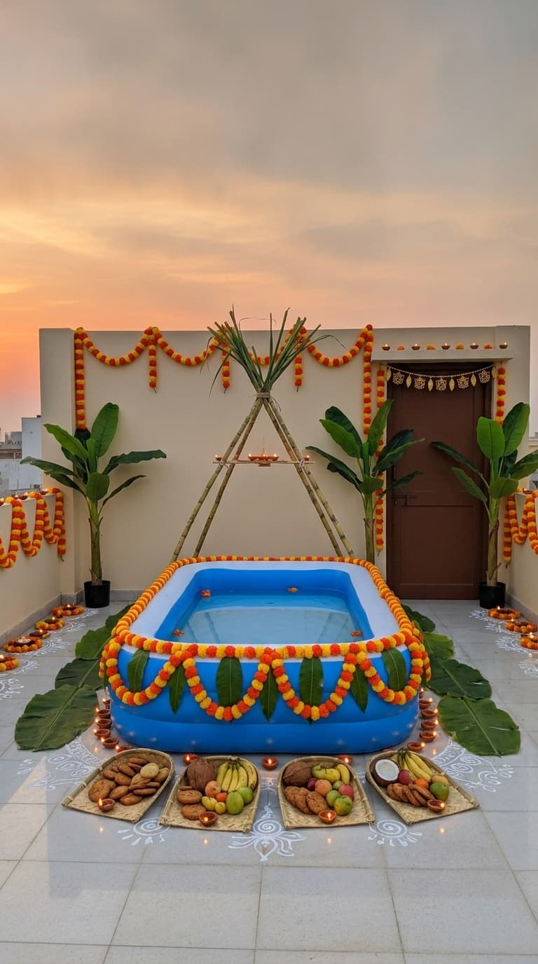 Complete ghat Chhath Puja decoration idea with chhath puja water kund, artificial banana plant and chhath puja kosi lamp set (after)