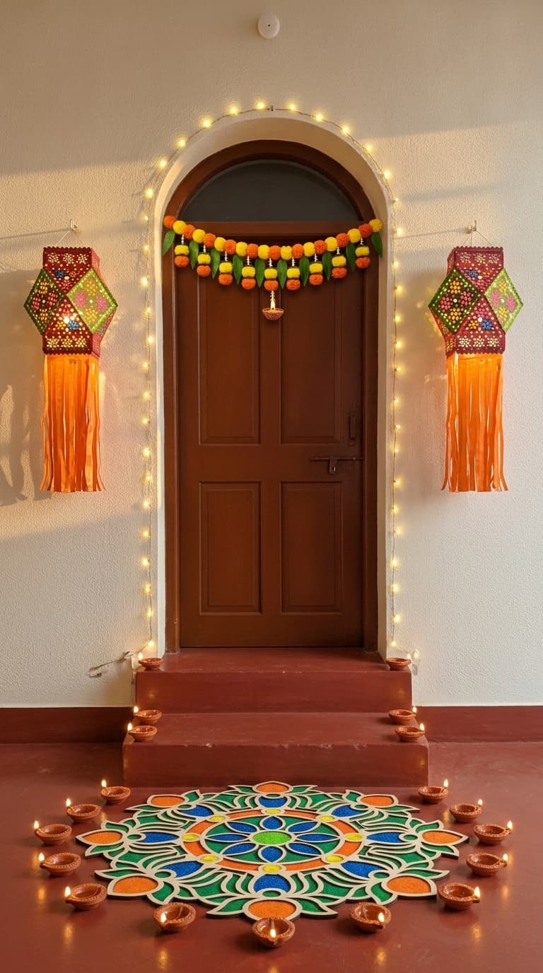 Traditional diya Diwali decoration idea with diwali traditional toran, diwali fairy lights and diwali rangoli kit (after)