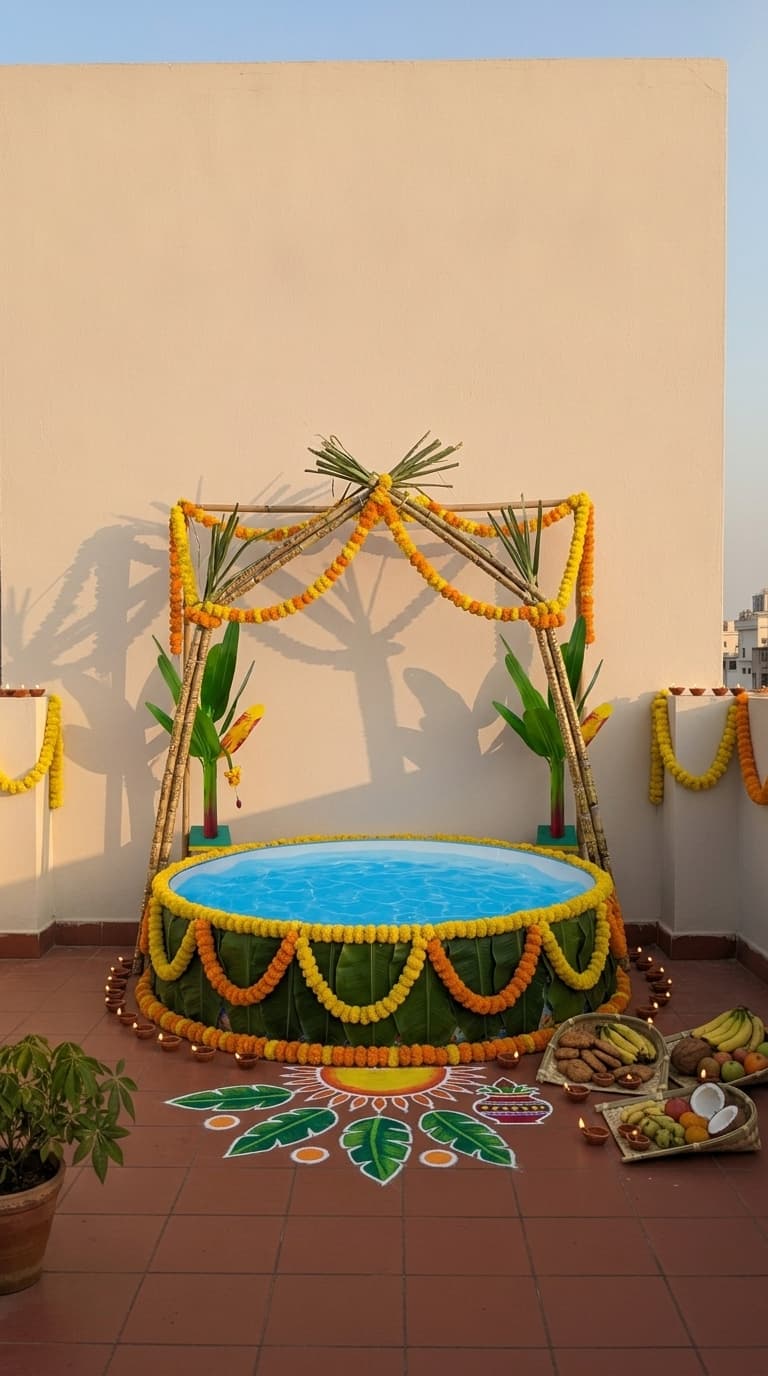 Complete ghat Chhath Puja decoration idea with chhath puja arghya kund, artificial banana plant decoration and chhath puja sugarcane stalks decor (after)