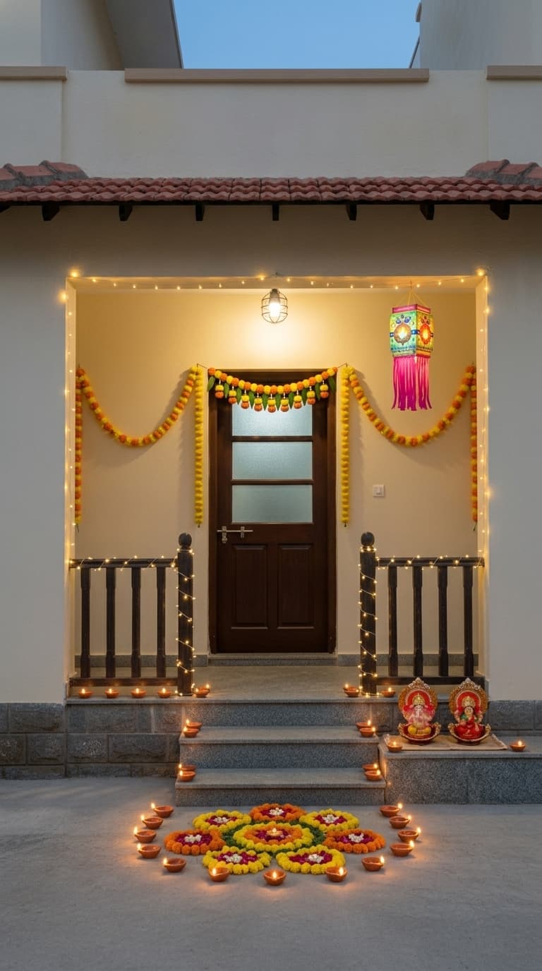 Traditional diya Diwali decoration idea with diwali entrance toran, diwali floor rangoli (finished art) and diwali terracotta diyas (after)
