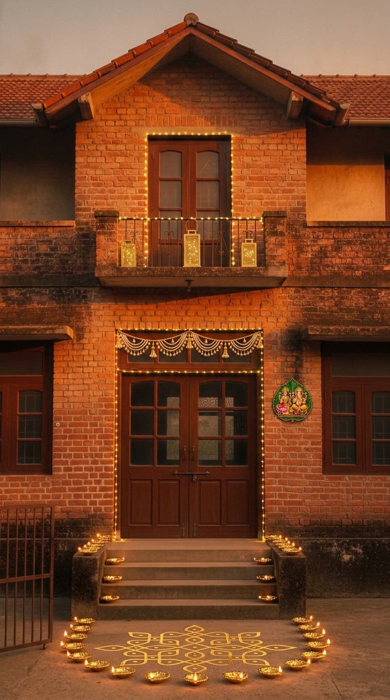 Modern minimal Diwali decoration idea with diwali main door toran, diwali floor rangoli and diwali traditional diyas (after)