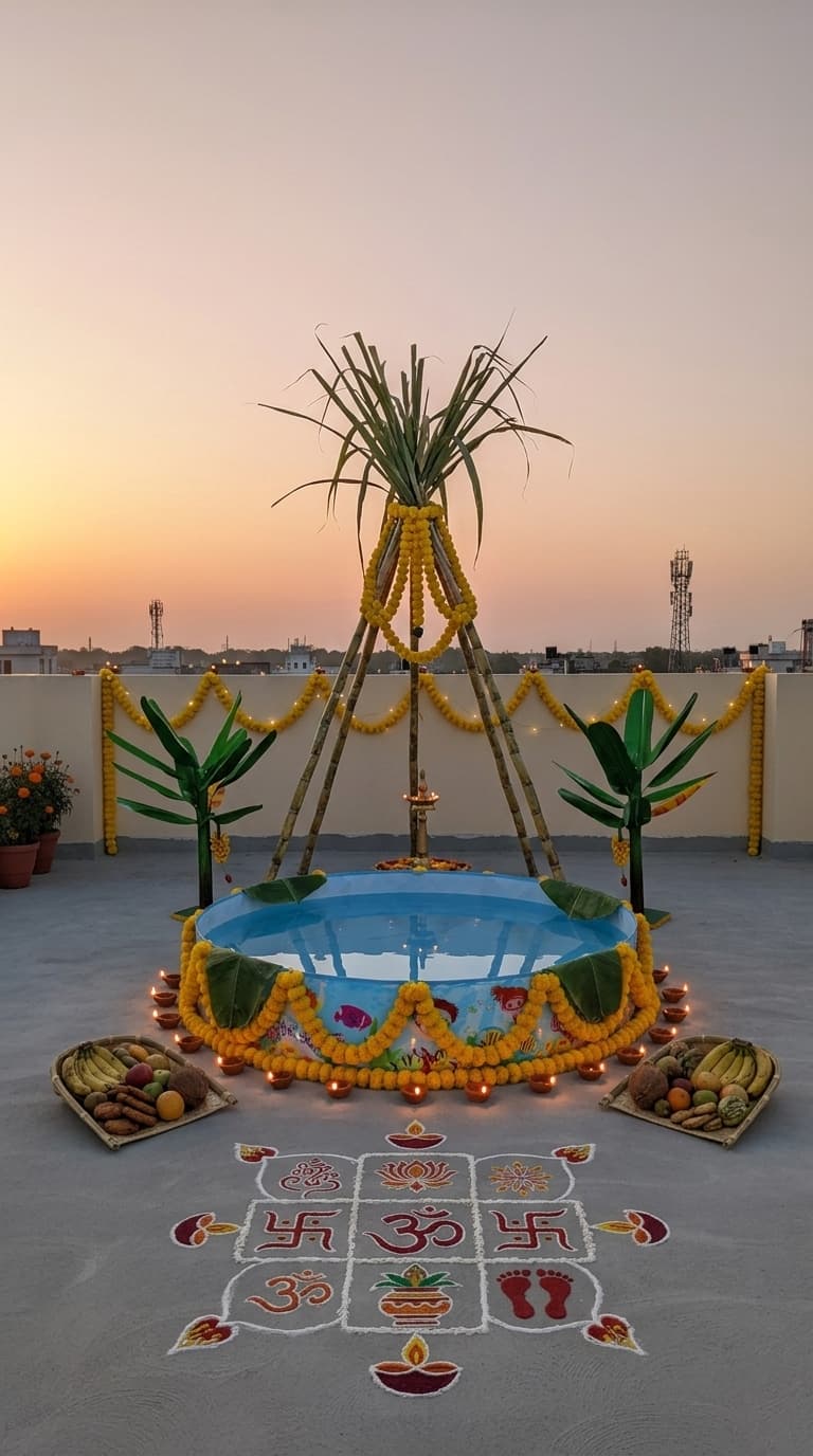 Complete ghat Chhath Puja decoration idea with chhath puja arghya kund, artificial banana plants and artificial sugarcane stalks (after)