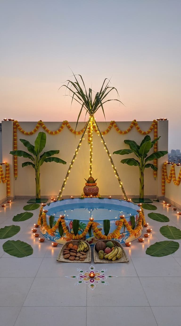 Complete ghat Chhath Puja decoration idea with chhath puja arghya kund, chhath puja banana plant decor and chhath puja sugarcane stalks (after)