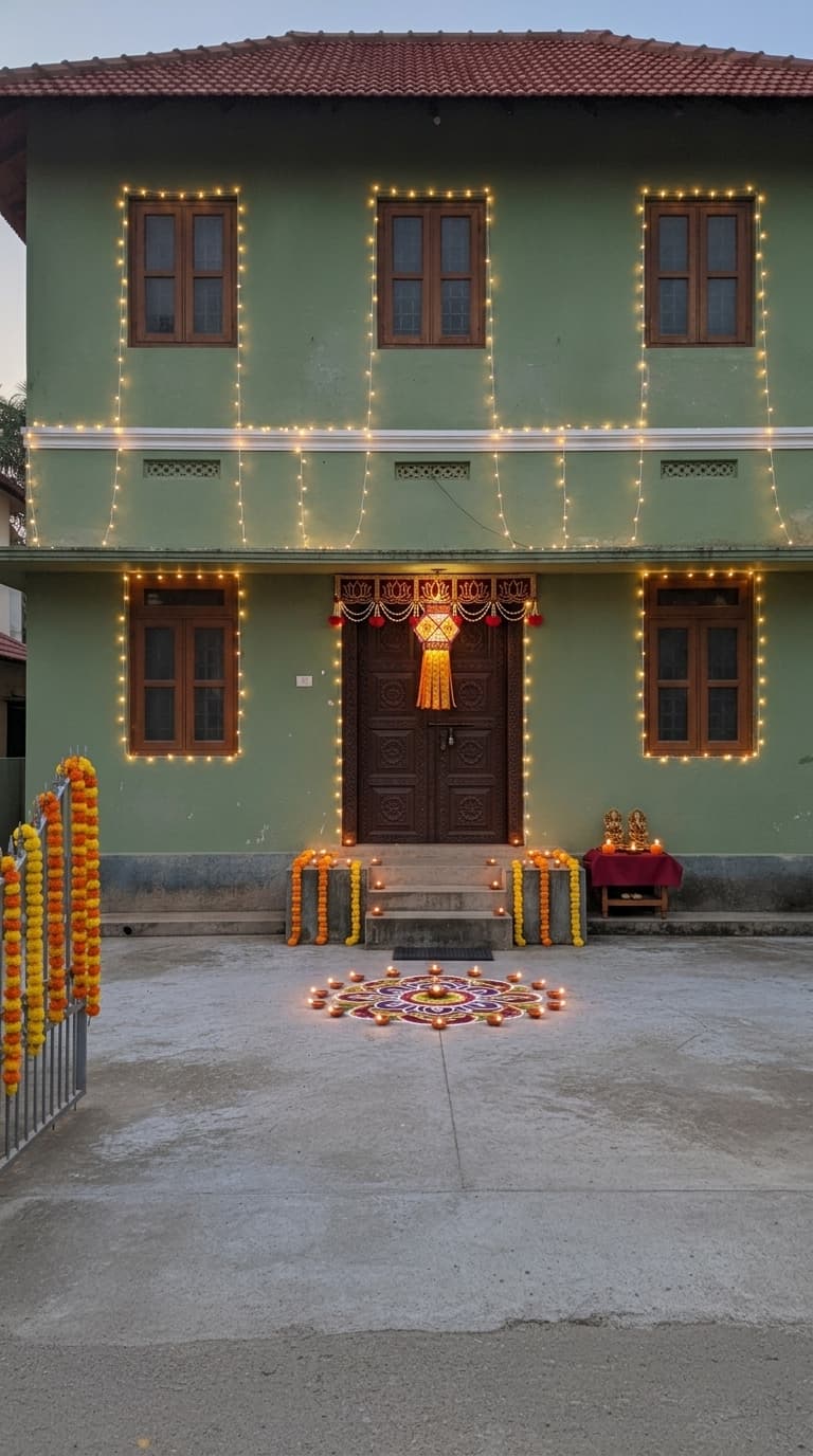 Royal Diwali decoration idea with diwali door toran, diwali floor rangoli and diwali decorative diyas (after)