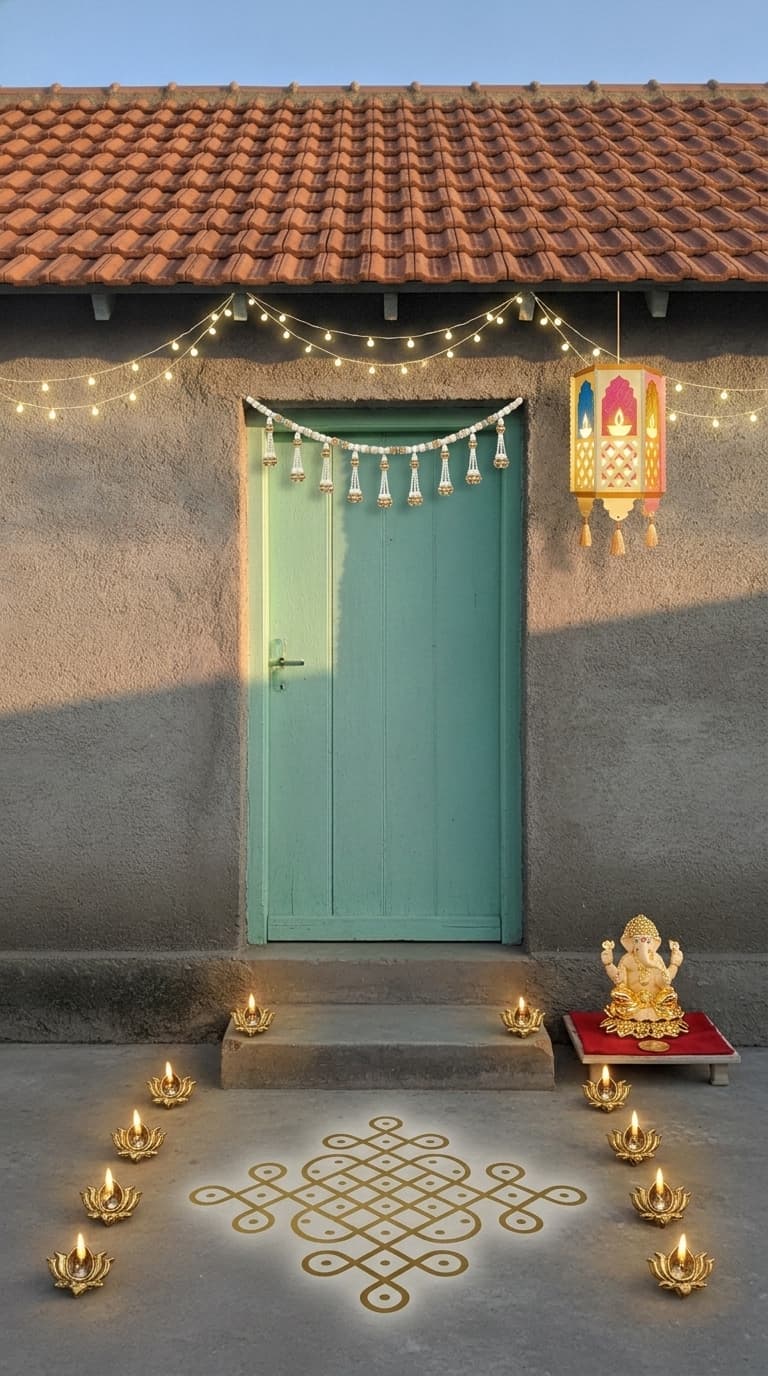 Modern minimal Diwali decoration idea with diwali entrance toran, diwali string lights and diwali floor rangoli decal (after)
