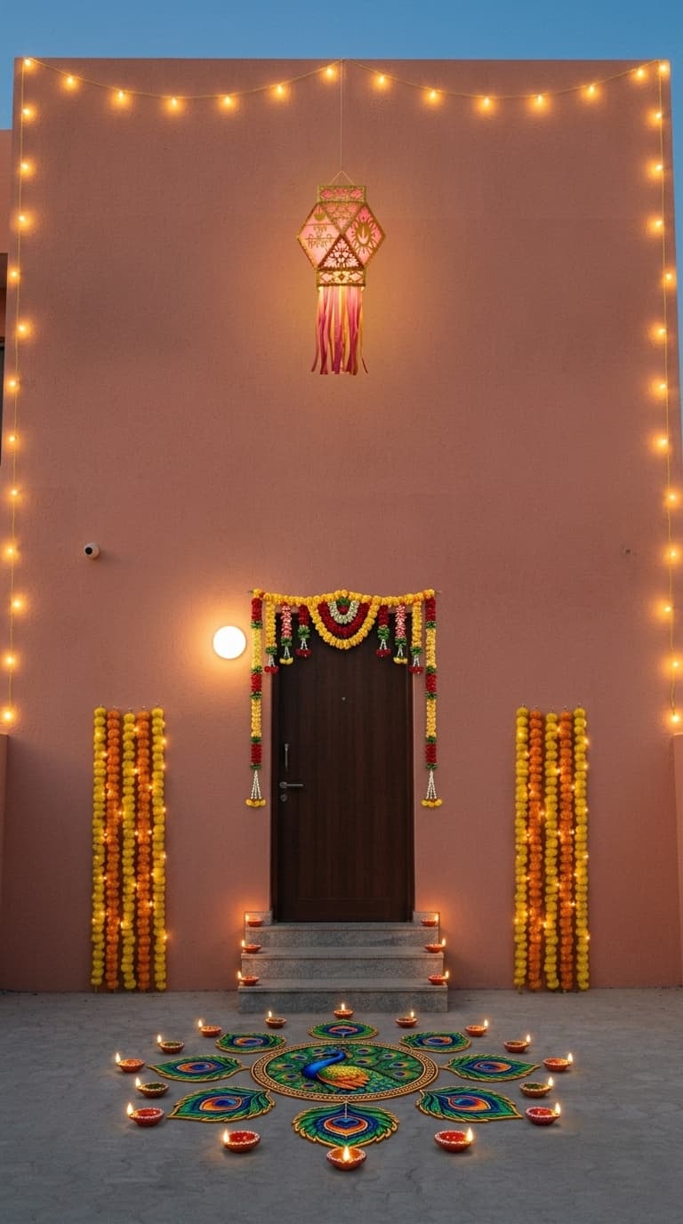 Royal Diwali decoration idea with diwali main door toran, diwali floor rangoli and diwali decorative diyas (after)